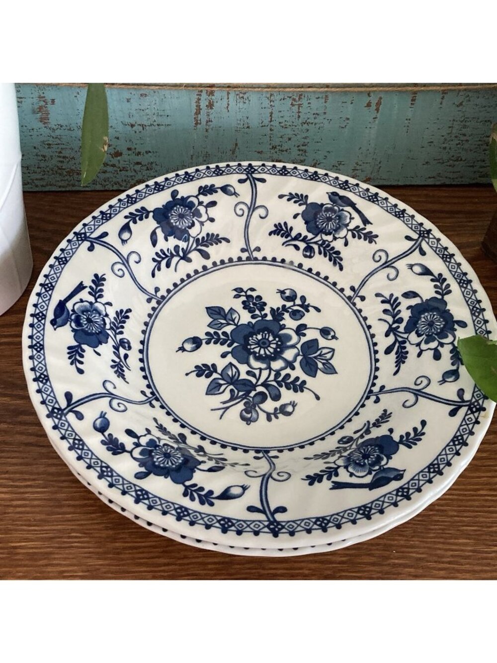 2 JOHNSON BROTHERS Indies Pattern Blue White 8.5” Rimmed Soup Bowls ENGLAND